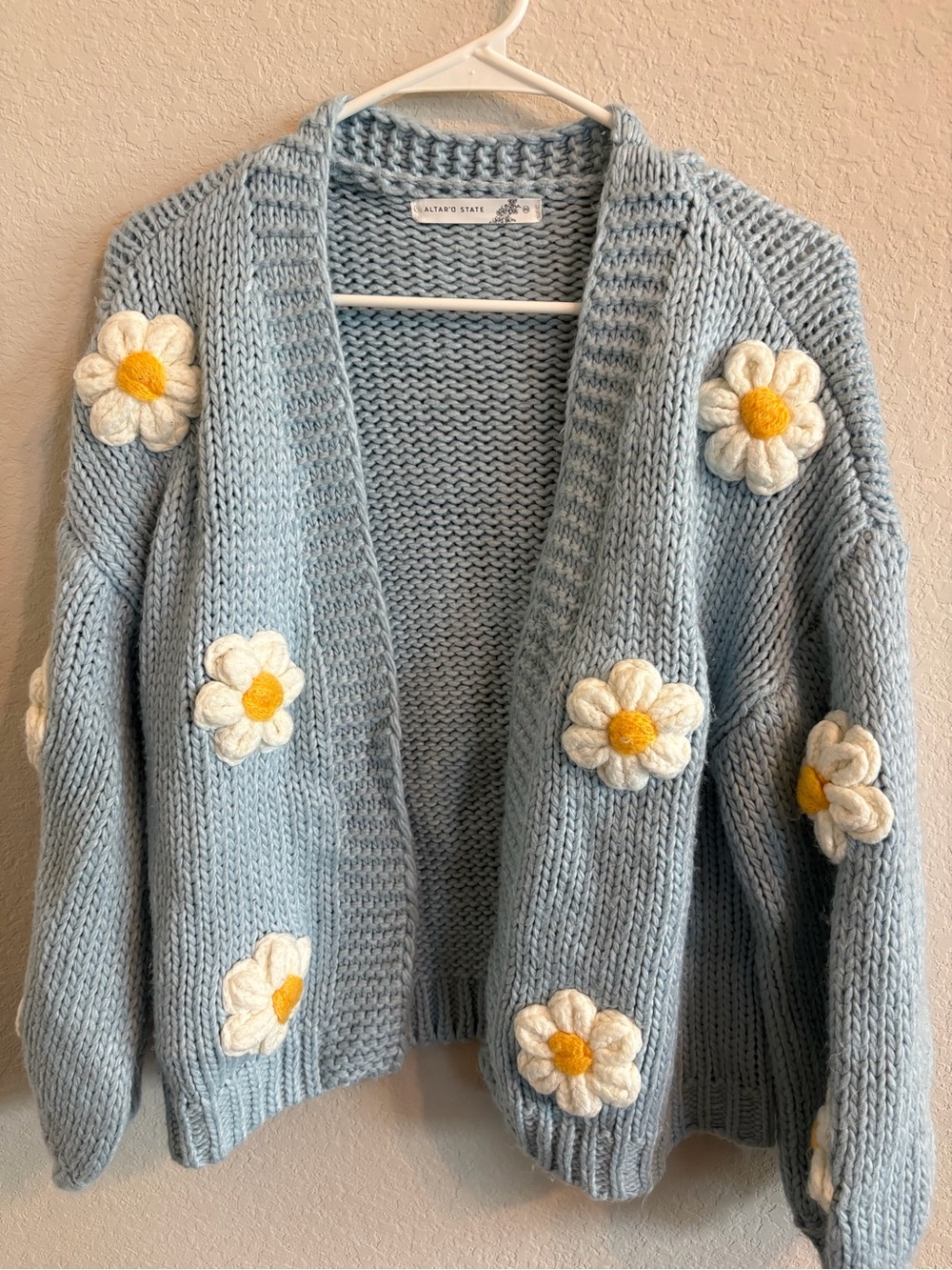 Altar'd State Light Blue Cardigan with Daisy Patches